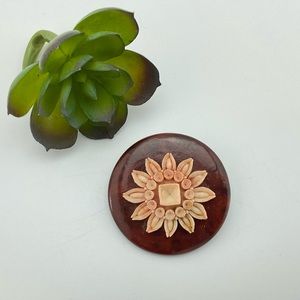 Vtg Celluloid & Wood Brooch, Floral Pin, Faux Sea Shells, MCM, Nostalgiacore